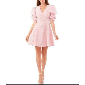 1. State Dress Small Puff Sleeve‎ V Neck Mini Dress Pink Gingham Baby Doll Dress